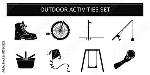 Collection of Outdoor Activity Icons Featuring Sports Equipment and Accessories