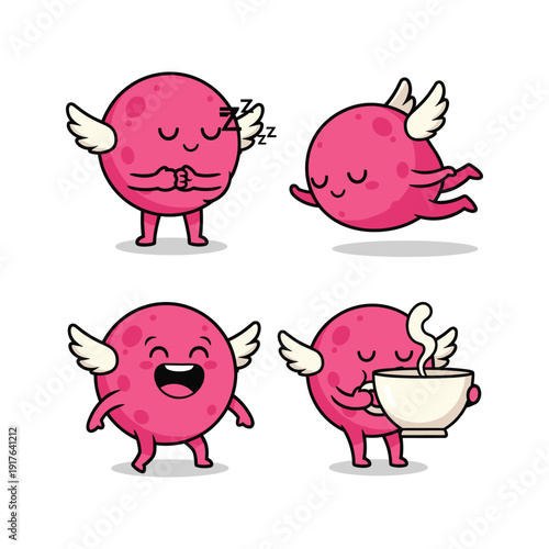 Cartoon radish character with emotions and wings drinking coffee