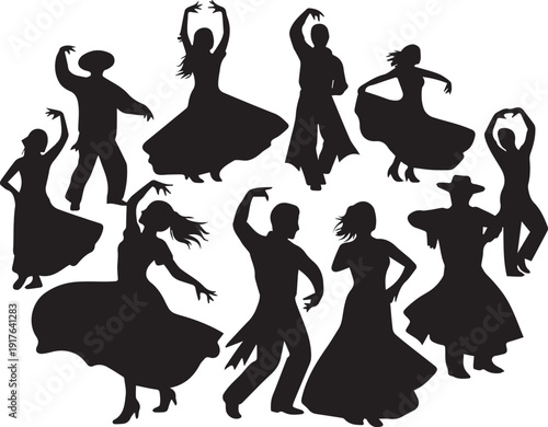 Set of ten salsa dancers silhouette vector illustration dancing line art