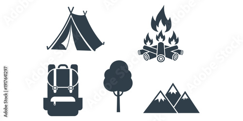 Camping icons set with tent, campfire, and mountains
