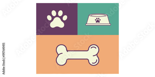 Pet care illustration featuring paw, food, and bone icons in a simple design