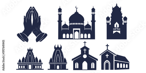 Various religious buildings and symbols illustrated in a simple style