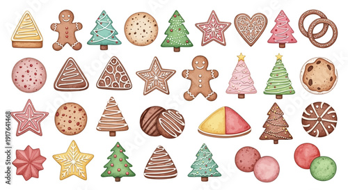 A festive collection of assorted Christmas cookies and confections in various festive shapes and designs perfect for holiday baking and celebrations