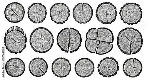 Diverse collection of circular wood log cross-sections showcasing natural tree rings, detailed texture, and unique patterns, ideal for rustic and organic design elements