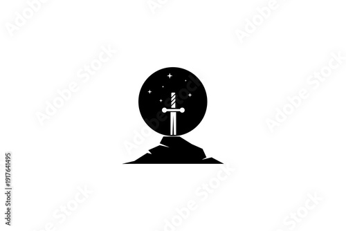 Illustration of a sword stuck in rocks with a full moon and stars in the background in a flat vector logo design style.