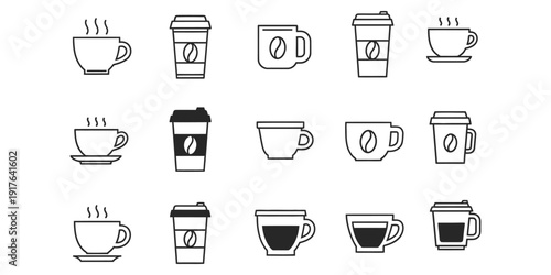 Collection of coffee cups and mugs in various designs and styles on a clean background