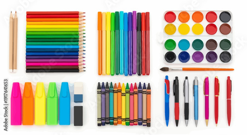 Colorful spectrum of art and school supplies pencils, markers, paints, and crayons, neatly arranged on a white background, perfect for inspiring creative projects and educational endeavors