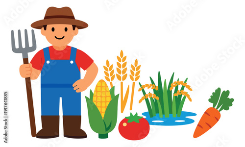 Simple flat illustration farming elements set featuring a farmer and various fresh crops for agricultural themes and healthy eating