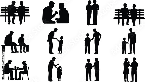 Family interaction silhouettes set, parents children couples scenes, communication and care moments, black human figures isolated on white