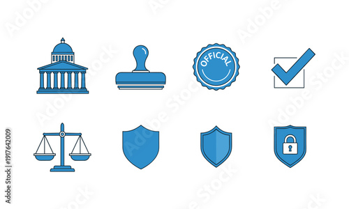 Government legal system and official stamp vector illustration with shield and court scale