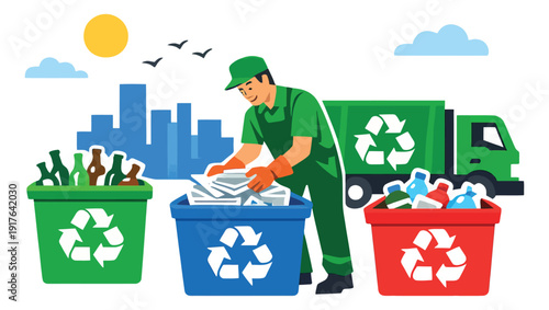 Flat design recycling scene set featuring a worker sorting paper, plastic, and glass into bins with a truck for sustainable urban waste management
