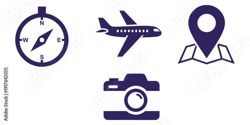 Travel icons set with compass, airplane, and camera symbols
