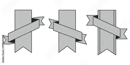 Three grey ribbons wrapped around rectangular labels from front viewpoint