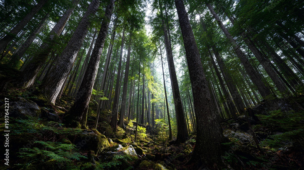 Obraz premium Whispering Woods: Majestic towering trees with vibrant foliage reach for the sky, creating a canopy of dappled light, inviting viewers into an immersive woodland experience.