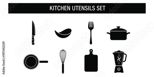 Kitchen utensils collection displayed on a clean white background