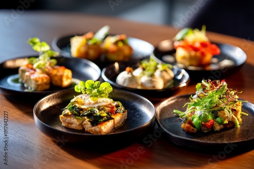 Exquisite Seasonal Tasting Menu Arranged in Circular Plates for Gourmet Experience