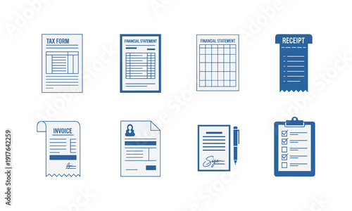 Set of financial document icons: tax form, financial statement, receipt, invoice, resume, signed document, checklist, vector illustration