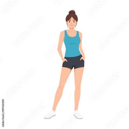 Sporty Woman in Tank Top and Shorts Standing Confidently. Flat vector illustration isolated on white background