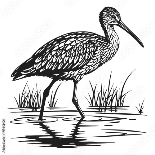 Black and white of bird wading in shallow water wading bird