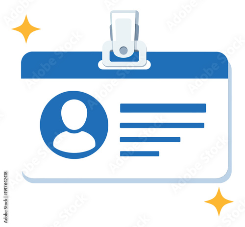 Flat design illustration of an ID badge depicting a profile icon and personal data for employee identification