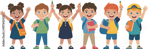 Excited diverse school children raising hands with books and pencils, smiling elementary students isolated on white background vector illustration