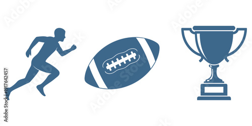 Athlete Running with Football Near Championship Trophy
