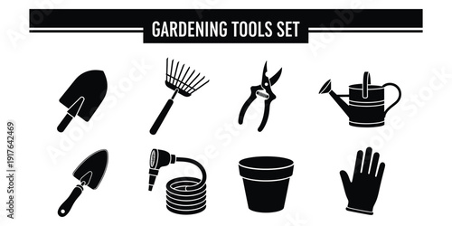 Gardening tools set arranged neatly on a clean white background