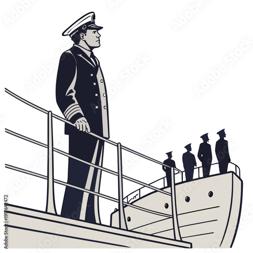 Captain standing on ship deck with crew sailors