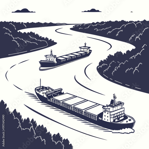 Cargo ships on a winding river winding waterway barge
