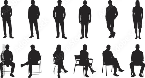 People silhouette set with men and women standing walking sitting poses isolated on white background vector illustration for stock design