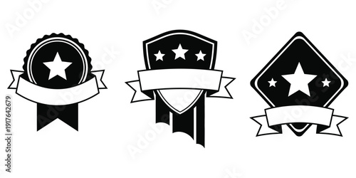 Set of black and white star badges with ribbons in various shapes and designs