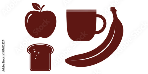 Still life of breakfast items including apple, banana, toast, and coffee