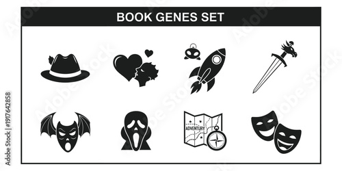 Black icons representing various book genres displayed together on a clean background