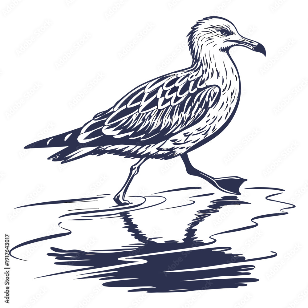 Obraz premium Seagull walking on water surface bird reflection