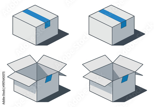 Isometric line art cardboard box set featuring closed and open boxes with blue tape for logistics and delivery concepts