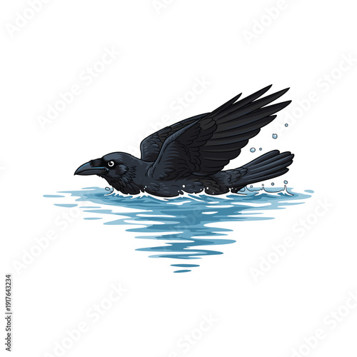 Black crow flying over water with ripples and splash