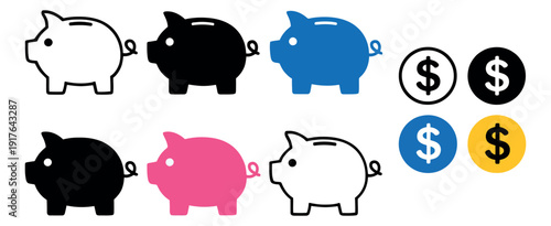 Minimalist financial icon set featuring piggy banks and dollar currency symbols for saving and investment