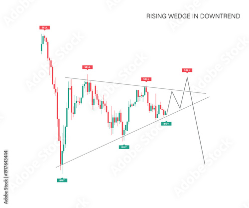 Rising wedge price action. Vector illustration of downtrend cost index for trading and investing on stock, crypto market. Risk management strategy image, detailed handbook, presentation, infographic