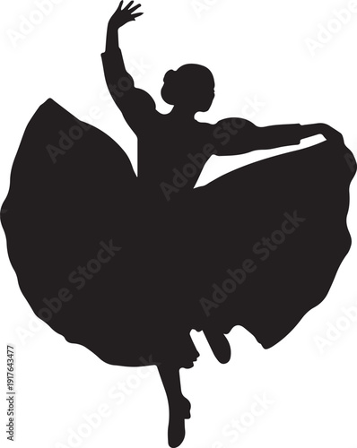 Female dancer performing silhouette vector illustration holding skirt dress in line art