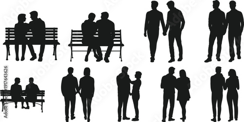 Romantic couple silhouettes set, men and women sitting on bench and standing together, love relationship poses, black figures