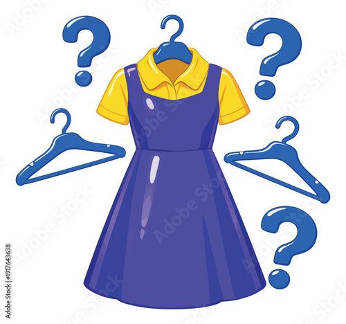 Vector cartoon fashion dilemma set featuring a dress on a hanger with multiple question marks for making wardrobe choices