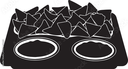 Nachos silhouette vector illustration in a tray with two dipping sauce bowls for party food