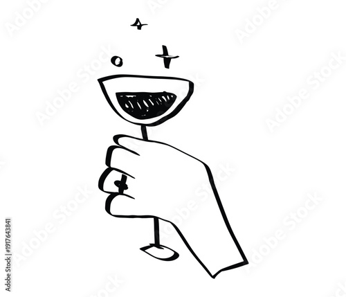Minimalist hand drawn sketch of elegant toast moment, featuring flowing lines and vintage charm perfect for party invitations, restaurant branding, or celebration greeting cards. Vector illustration.