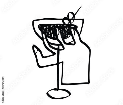 Hand drawn wine glass sketch with flowing grape vines and vintage doodle, perfect for restaurant menus, bar posters, or French bistro branding materials. Vector illustration.