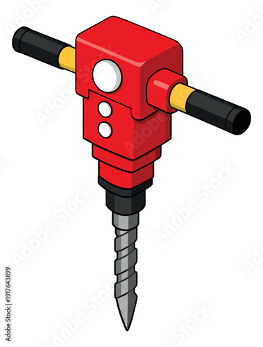 Isometric cartoon illustration of a jackhammer depicting demolition for construction work
