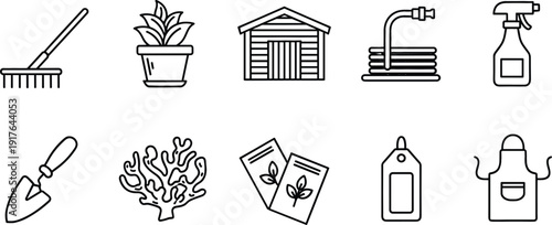 Gardening tools and equipment line icons set with rake shovel hose plants shed vector illustration