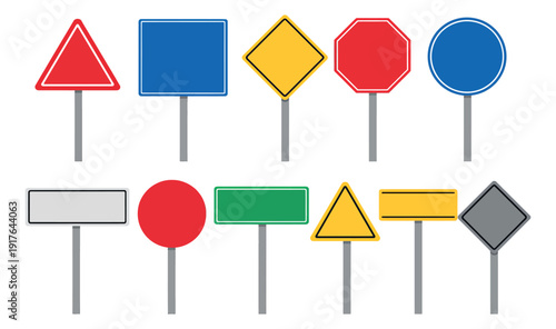 Blank road signs set featuring various shapes and colors on posts for custom messages and warnings