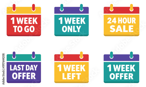 Modern flat calendar icon set featuring sale and offer countdown messages for marketing and promotions
