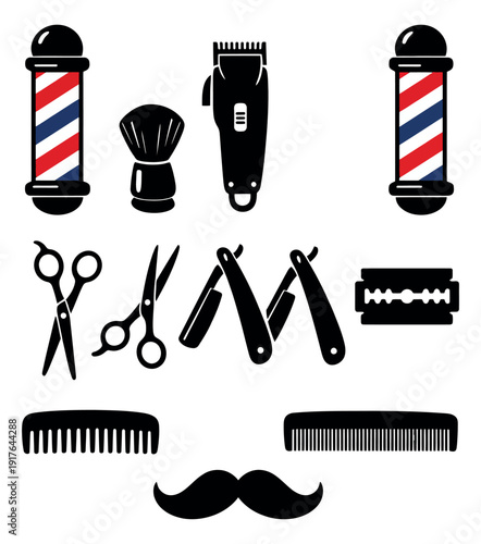 Silhouette barber shop tools set featuring classic barber poles, razors, scissors, and grooming accessories for vintage salons