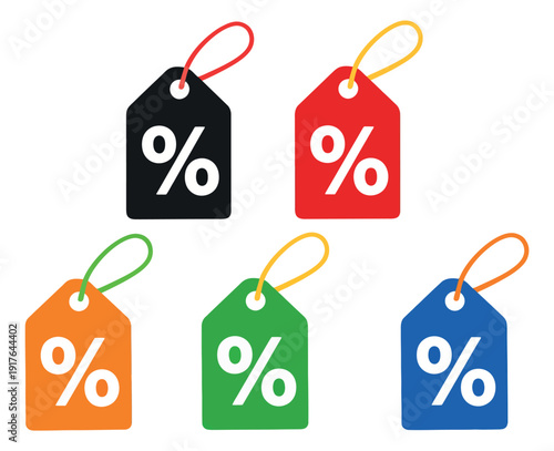 Modern graphic price tag set featuring colorful percentage sign labels for sales and promotions